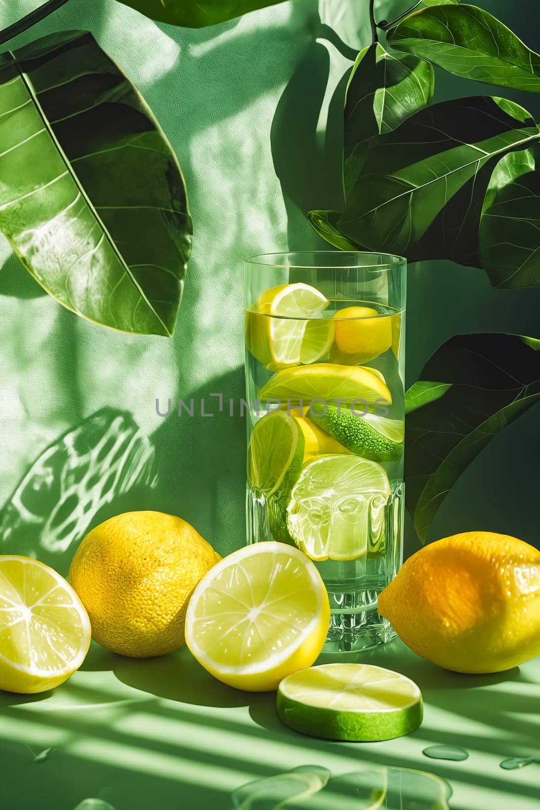A glass of water with a few slices of lemon and lime in it. The image has a bright and refreshing mood, with the citrus fruits adding a pop of color and a hint of tanginess to the scene. Generative AI