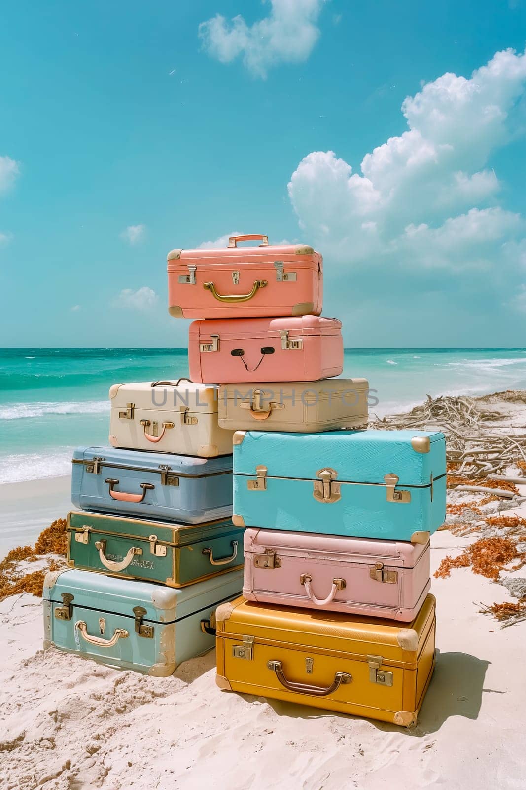 A stack of luggage is piled on top of each other on a beach. The luggage is colorful and arranged in a way that creates a playful and fun atmosphere. Generative AI