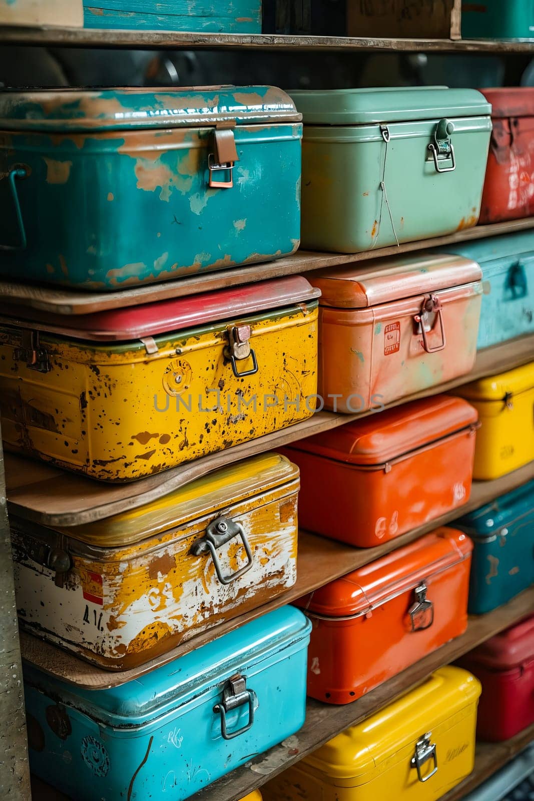 A row of colorful metal boxes stacked on top of each other. The boxes are of different colors and sizes, and they appear to be old and worn. Scene is nostalgic and somewhat whimsical. Generative AI