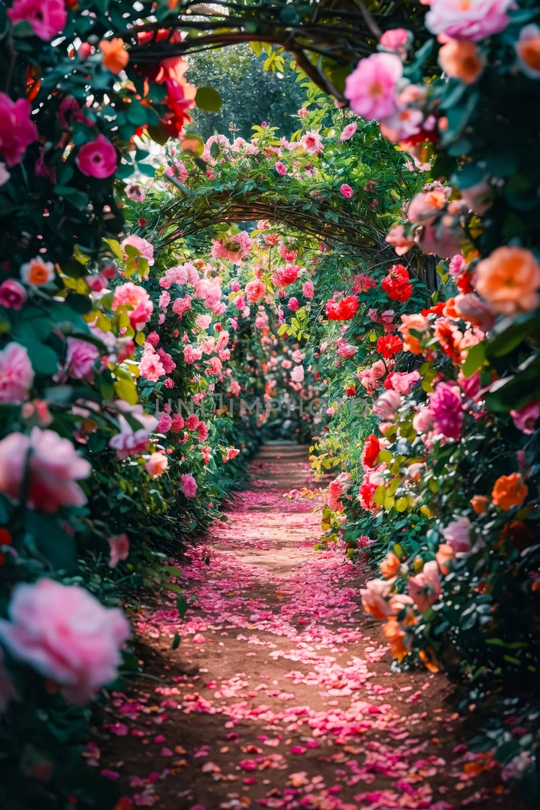 A flower garden with a path through it. The path is lined with pink flowers and has a pink carpet of petals on the ground. Generative AI