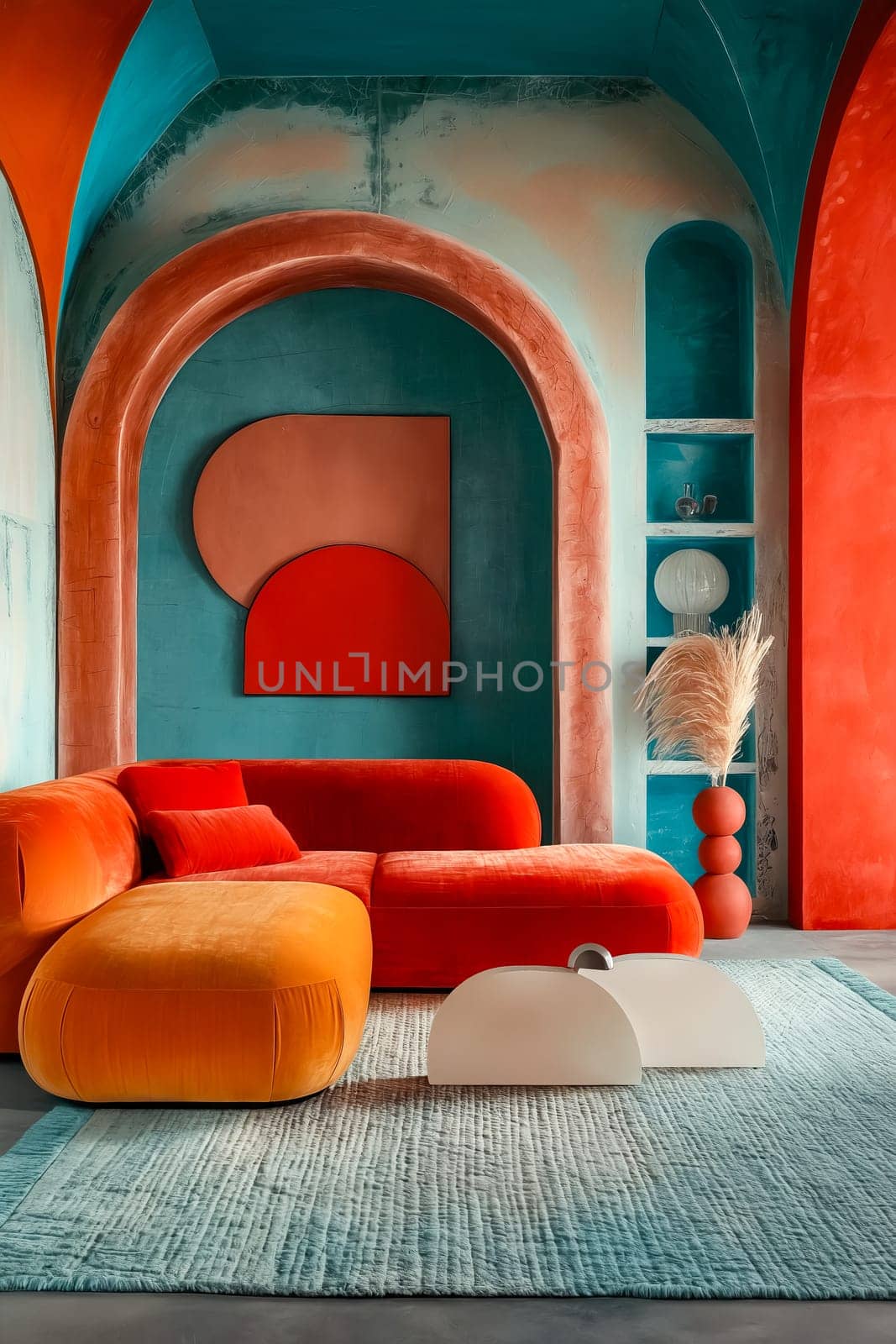 A living room with a red couch and orange pillows. The couch is made of a soft material and is placed in the center of the room. There is a white coffee table in front of the couch. Generative AI