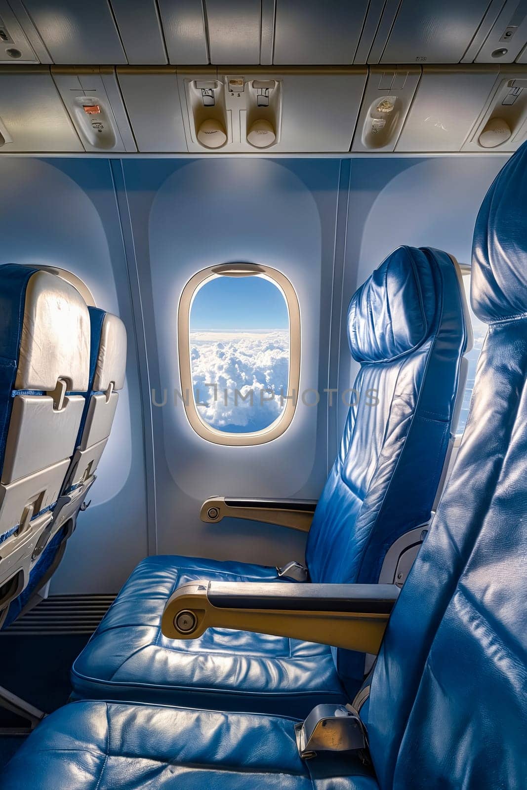 A blue airplane seat with a window and a blue leather headrest. The window is open and the sky is visible. Generative AI