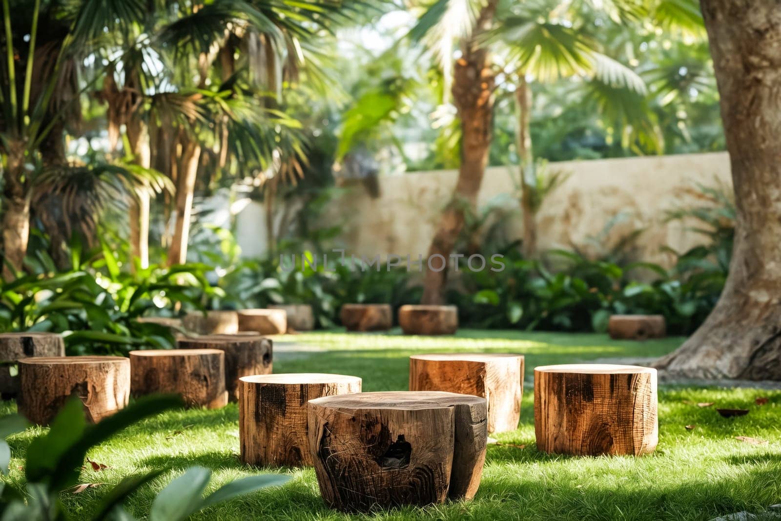 A lush green lawn with a row of wooden logs as seats. The logs are arranged in a row, with some of them placed closer to the wall. The scene has a peaceful and relaxing atmosphere. Generative AI