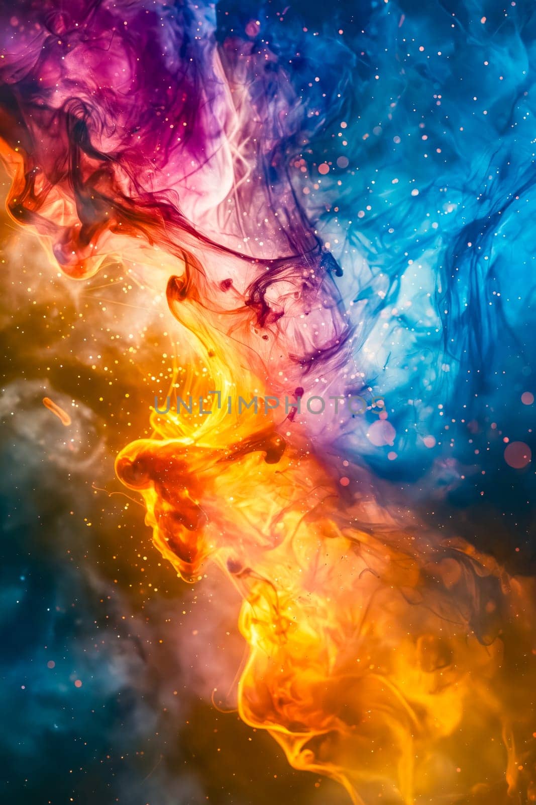 A colorful painting of a fire with orange and blue flames. The painting is abstract and has a dreamy, ethereal quality to it. Generative AI