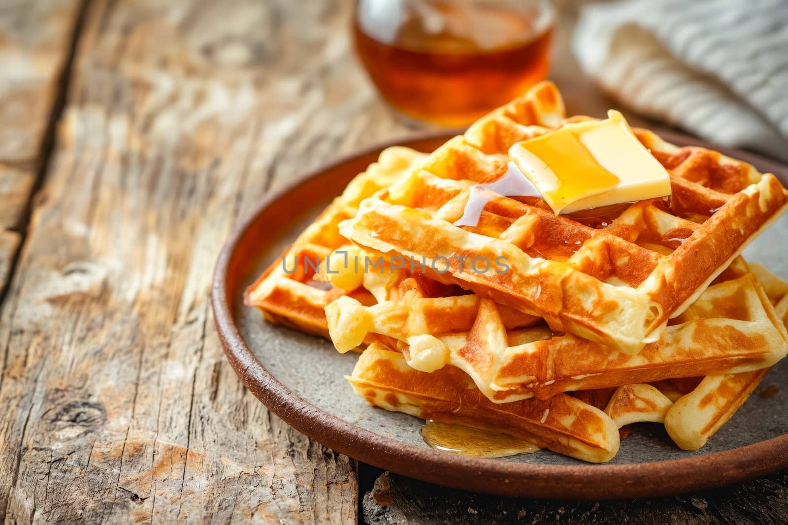 A stack of waffles with butter and syrup on top of a plate. The plate is on a wooden table. Generative AI