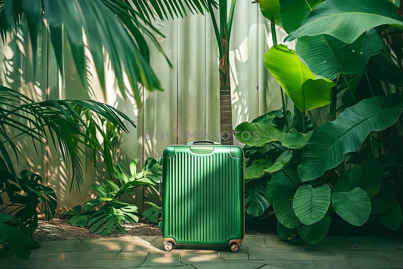 A green suitcase is sitting on a brick walkway next to a lush green plant. Generative AI