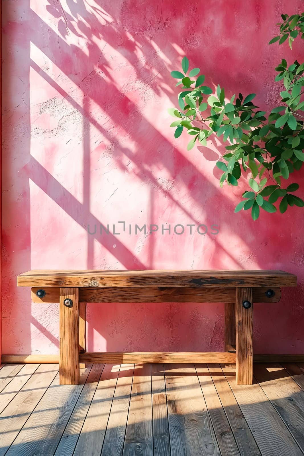 A wooden bench is sitting in front of a pink wall. The bench is empty and the wall is painted in a bright pink color. The sunlight is shining on the bench, creating a warm and inviting atmosphere. Generative AI