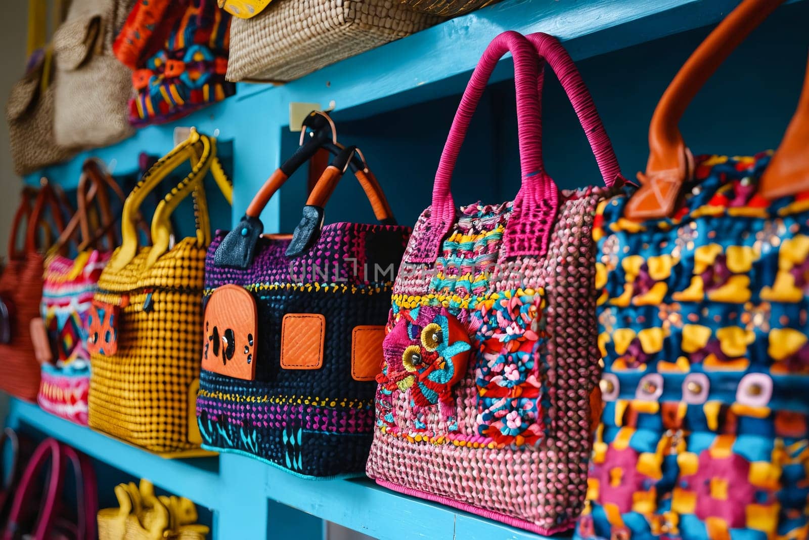 A row of colorful purses are displayed on a blue shelf. The purses are made of different materials and have various designs, including floral and checkered patterns. Generative AI