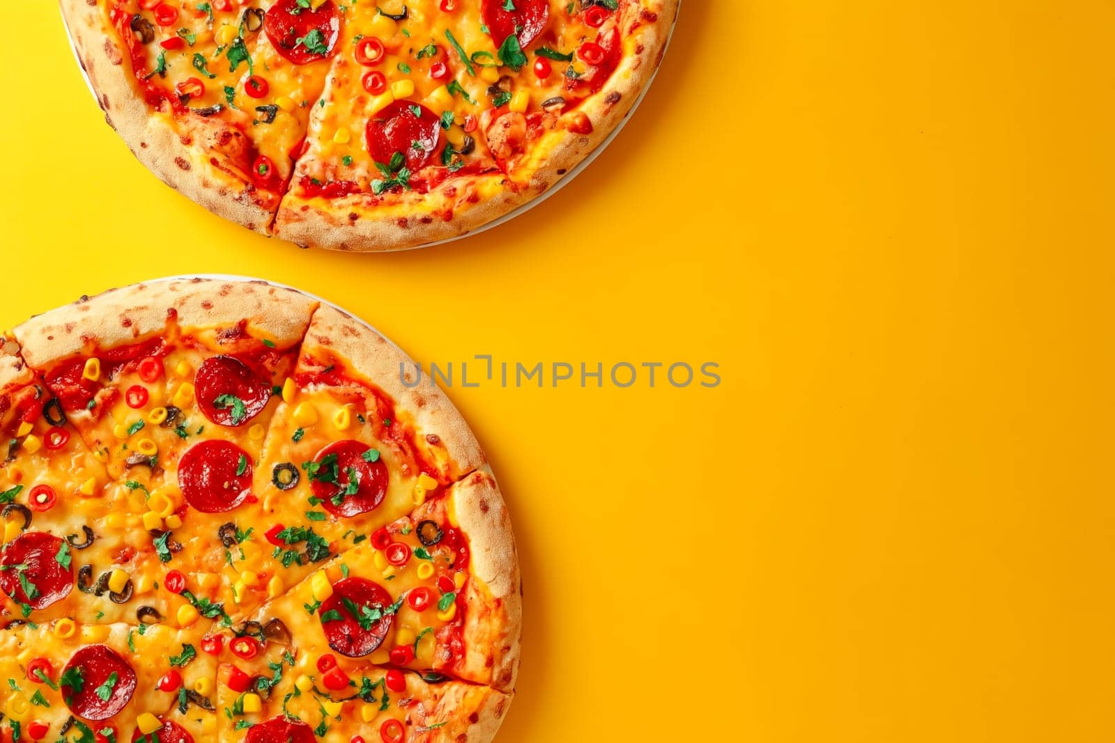 Two pizzas with pepperoni and cheese on top. The pizzas are on a yellow background. Generative AI