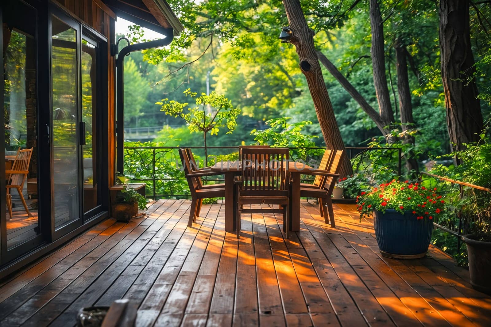 A wooden deck with a table and chairs, surrounded by trees and plants. The table is set with a vase of flowers and a potted plant. Concept of relaxation and tranquility. Generative AI
