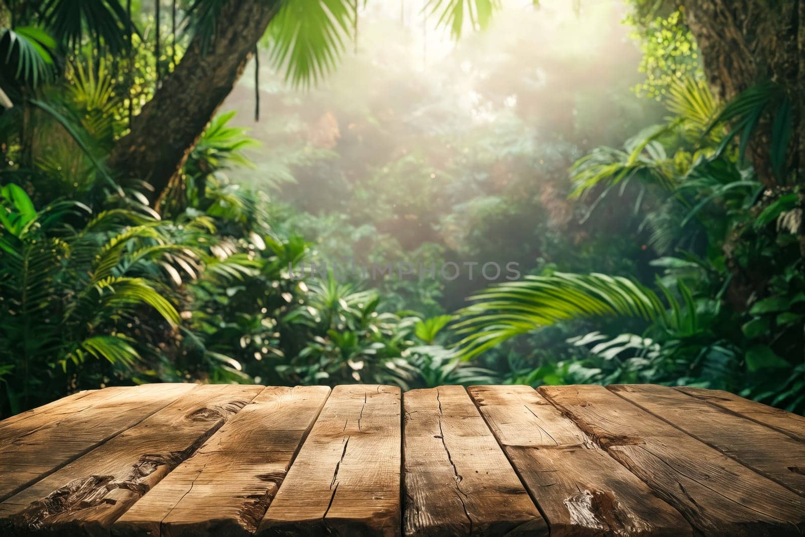 A wooden table with a jungle scene in the background. The table is empty and the jungle is full of trees and plants. Generative AI