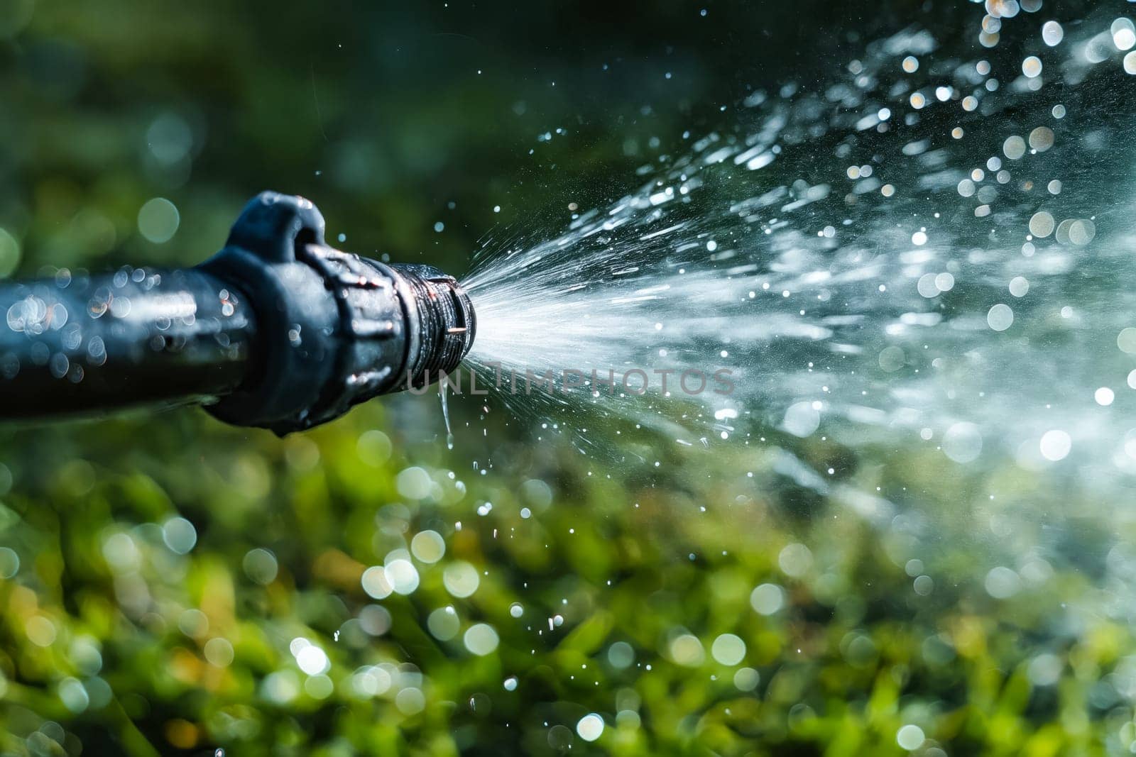 A hose is spraying water onto a green lawn. The water is coming out of the hose in a spray pattern. Generative AI