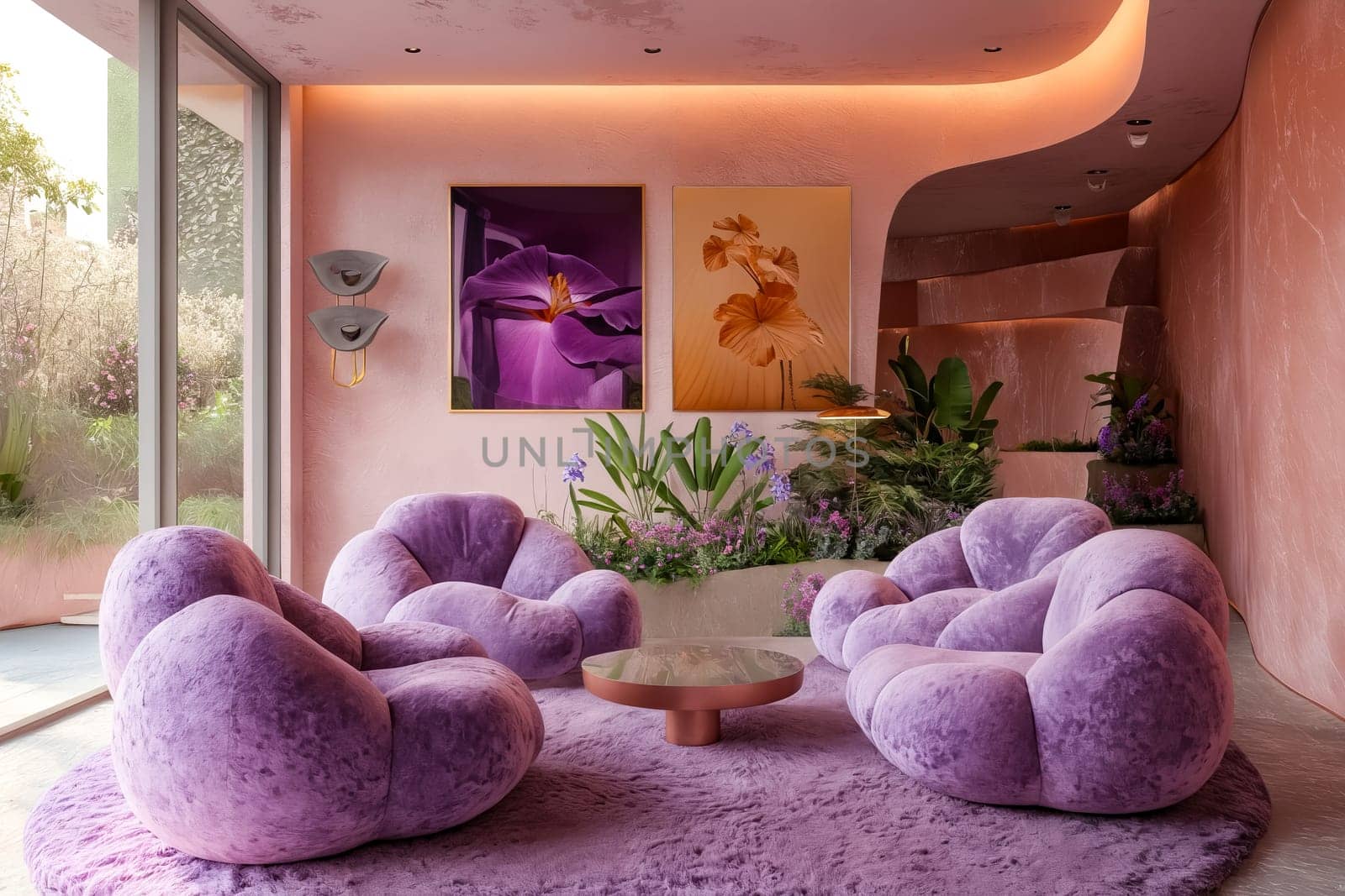 A pink room with a purple couch and a purple rug. There are two pictures on the wall, one of which is of a flower. Generative AI