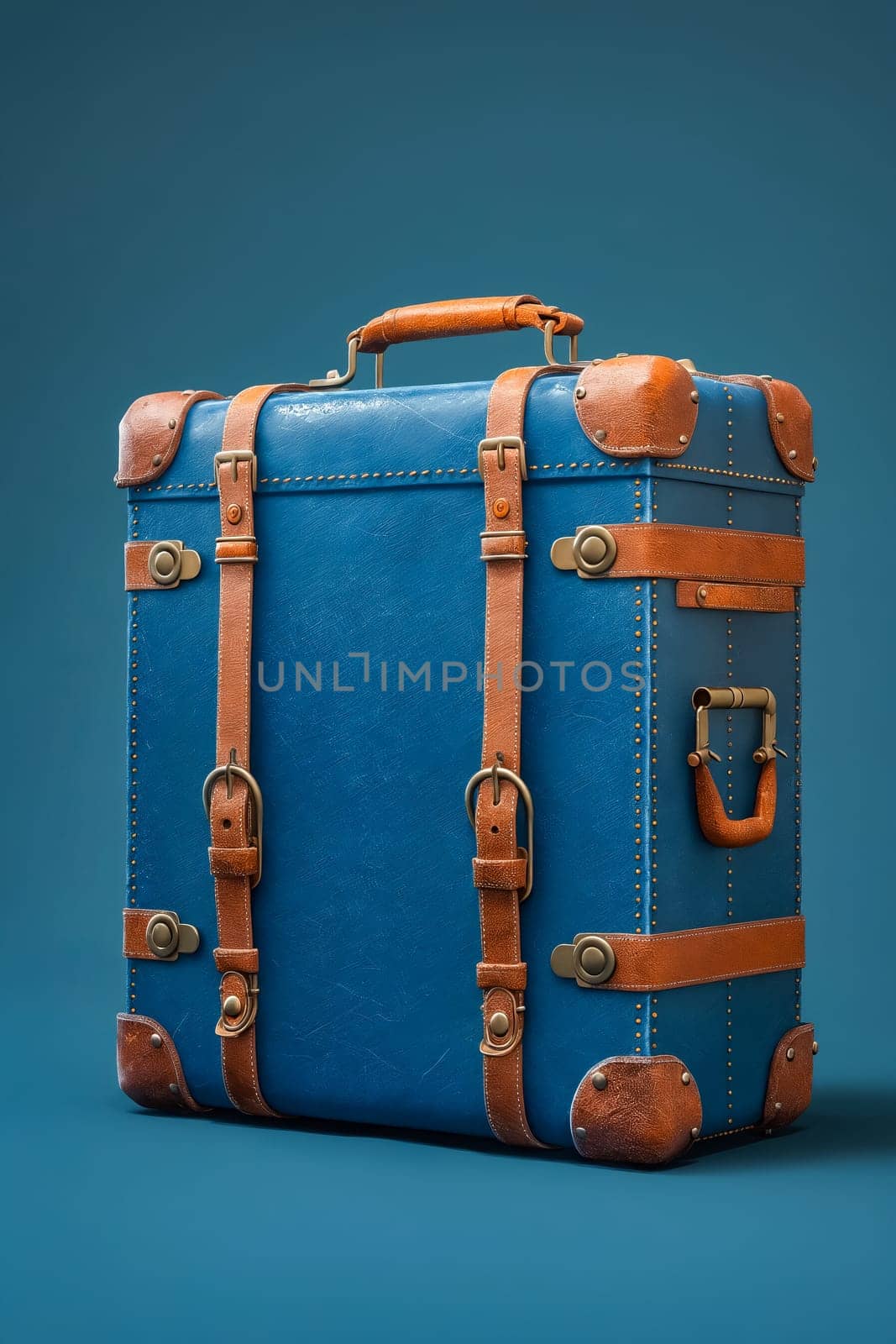 A blue suitcase with brown handles sits on a blue background. The suitcase is old and worn, with a vintage look. Generative AI