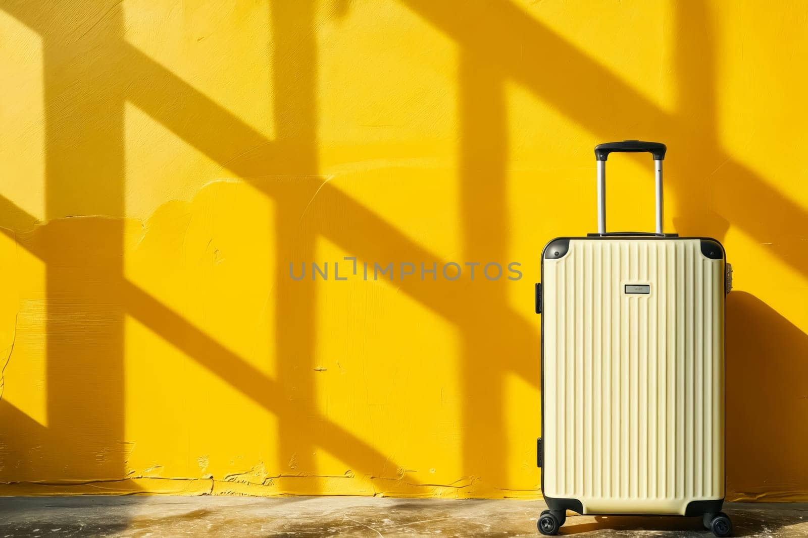 A tan suitcase is sitting on a yellow wall. The suitcase is open and the handle is visible. The scene is simple and uncluttered, with the suitcase being the main focus. Generative AI