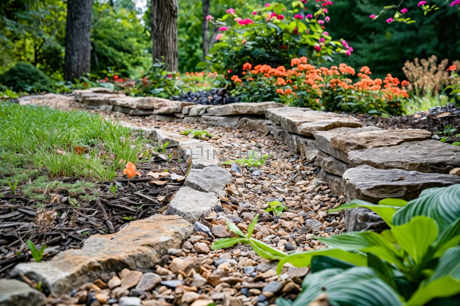 A stone path with a flower garden in the background. The path is lined with rocks and has a small stream running through it. The flowers are orange and pink. Generative AI