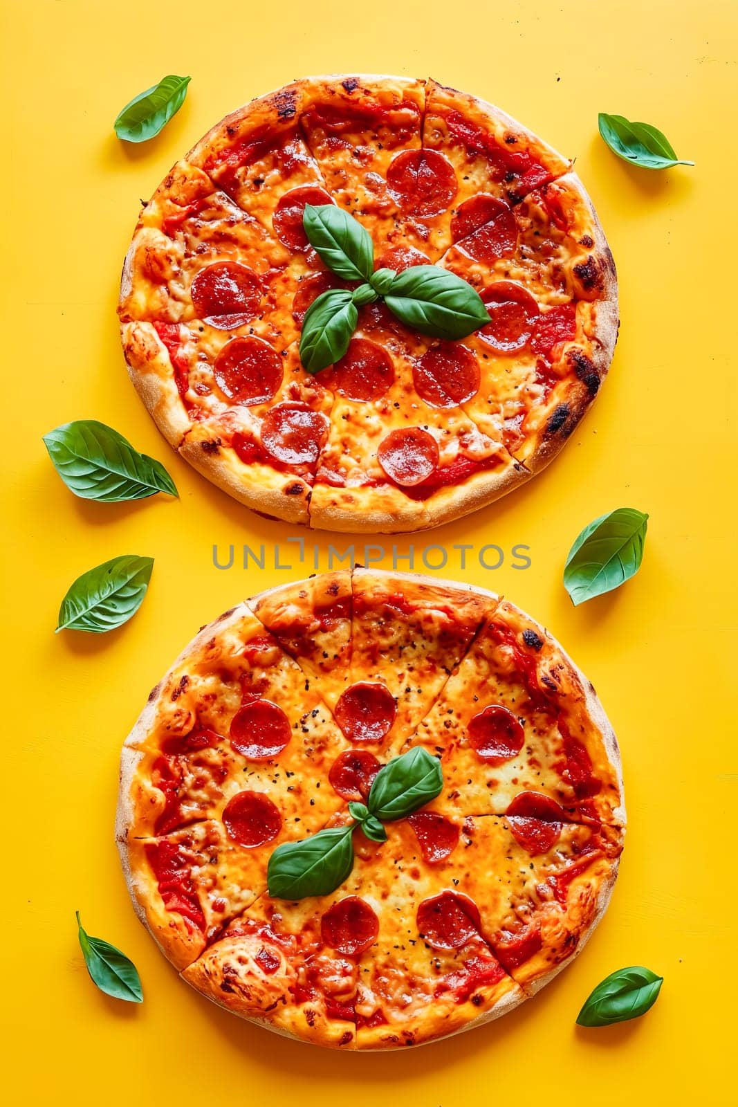 Two pizzas with pepperoni and basil on top of a yellow background. The pizzas are placed next to each other and surrounded by green leaves. Generative AI