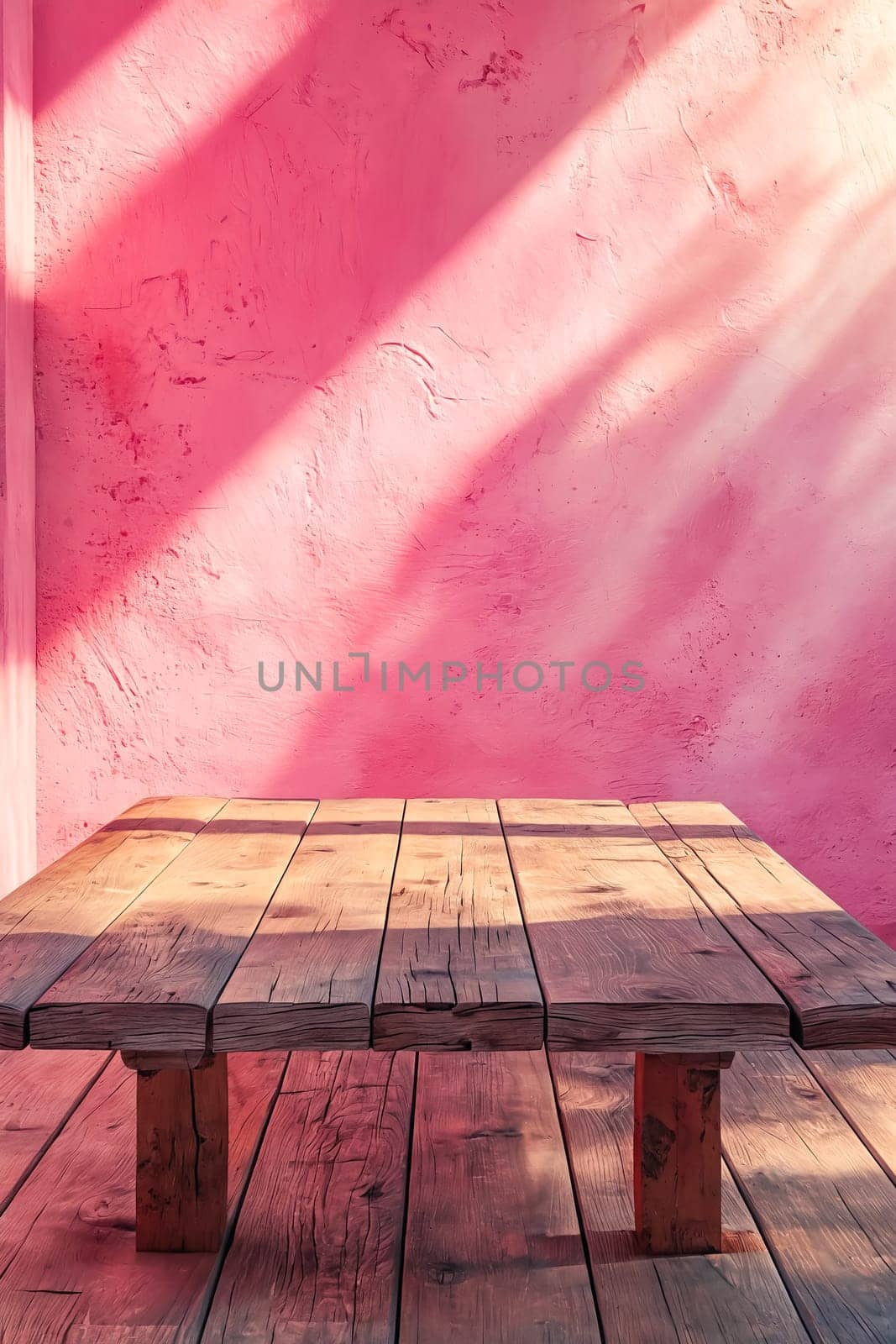 A wooden table is sitting in front of a pink wall. The table is empty and the wall is painted in a bright pink color. The sunlight is shining on the table, creating a warm and inviting atmosphere. Generative AI