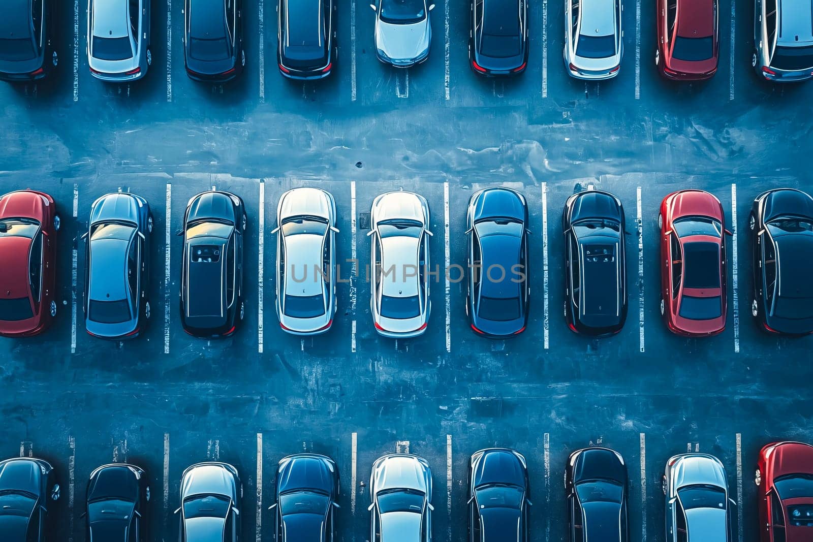 A parking lot with many cars parked in rows. The cars are of different colors and sizes. Concept of order and organization, as the cars are neatly parked in their designated spots. Generative AI