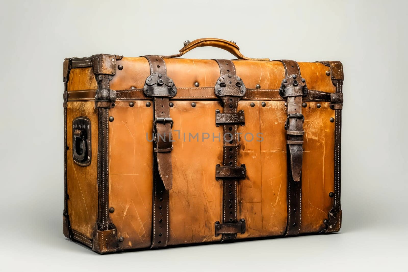 A brown suitcase with a leather strap is sitting on a grey surface. The suitcase is old and worn, with a vintage look. Generative AI