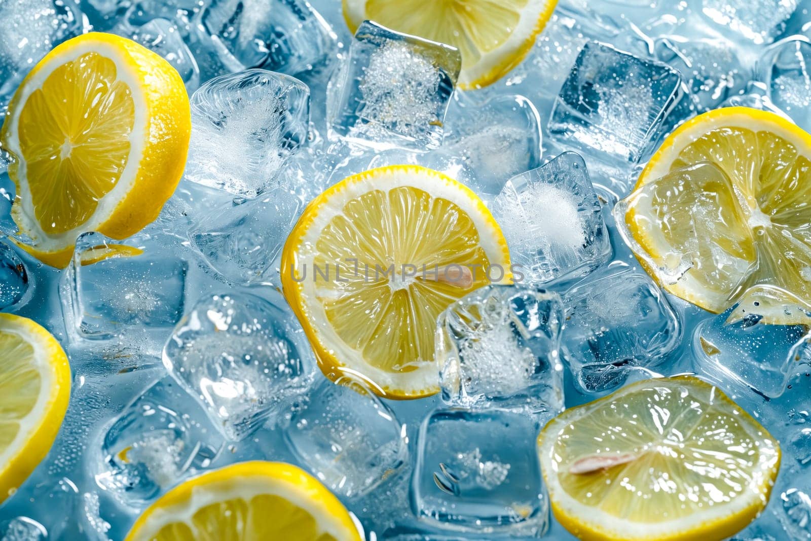 A bunch of lemons are floating in a blue ice bath. The lemons are cut in half and are surrounded by ice cubes. Concept of freshness and coolness, as the lemons are chilled. Generative AI