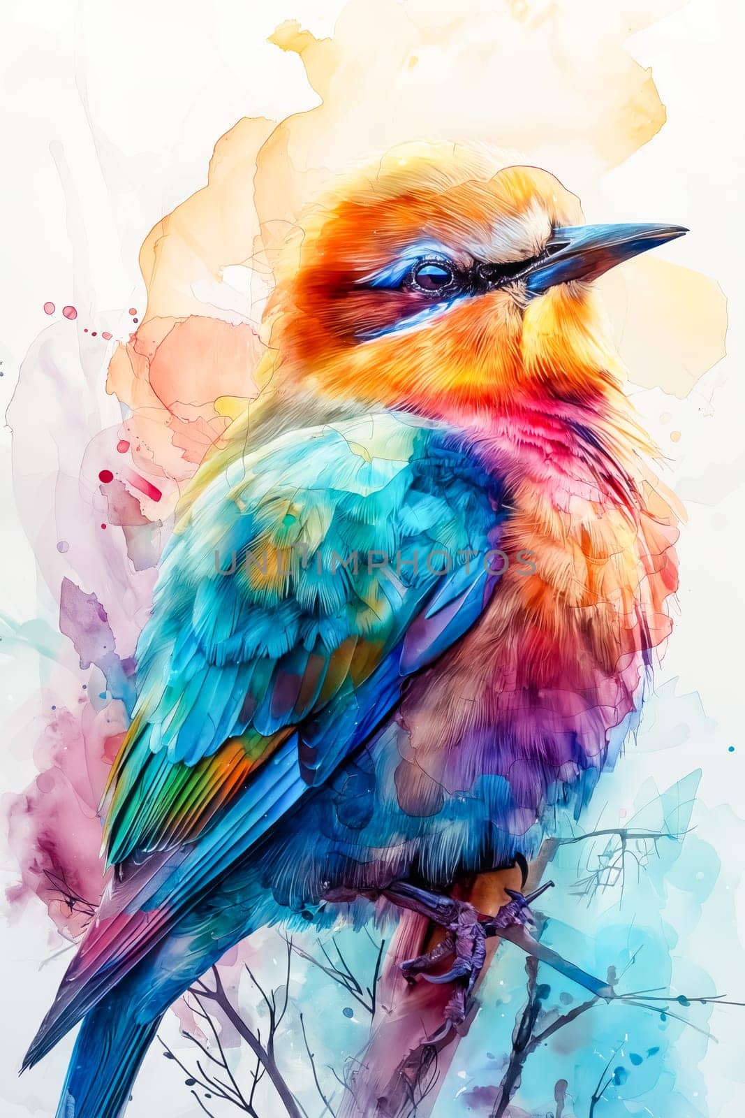 A colorful bird with a blue wing is perched on a branch. The bird's vibrant colors and the way it is positioned on the branch create a sense of liveliness and energy. The image evokes a feeling of joy. Generative AI