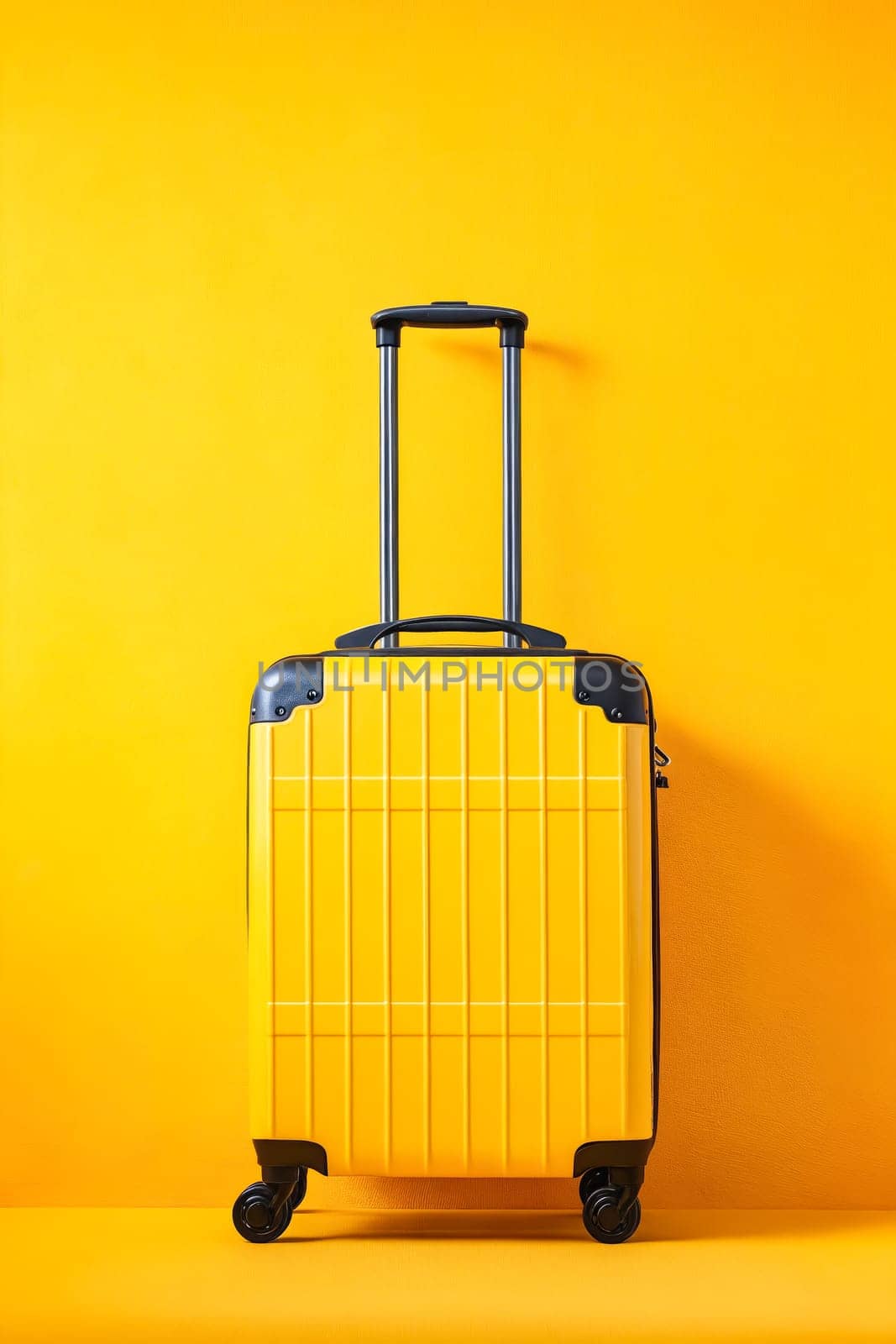 A yellow suitcase is sitting on a yellow background. The suitcase is open and the wheels are visible. Concept of travel and adventure, as the suitcase is ready to be packed and taken on a journey. Generative AI