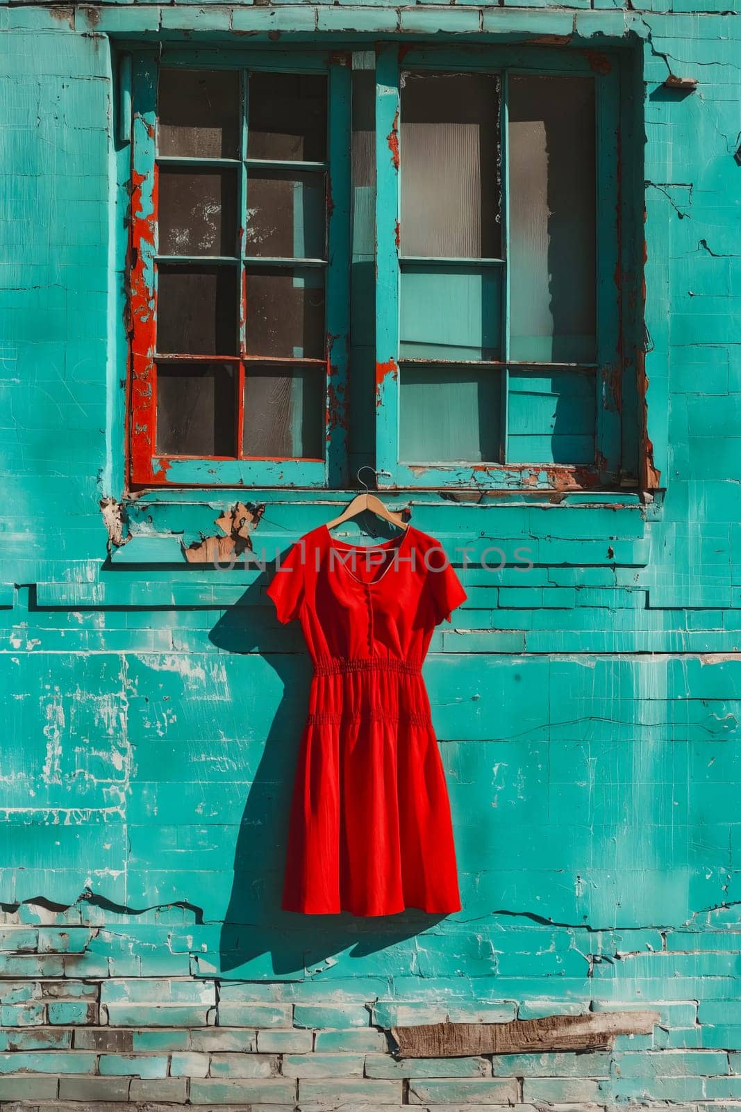 A red dress hanging from a window in front of a blue wall. Generative AI