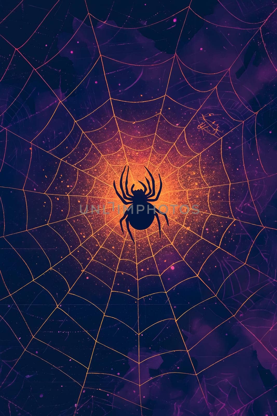 A spider is sitting in the center of a web. The web is purple and orange. The spider is surrounded by a lot of stars. Generative AI