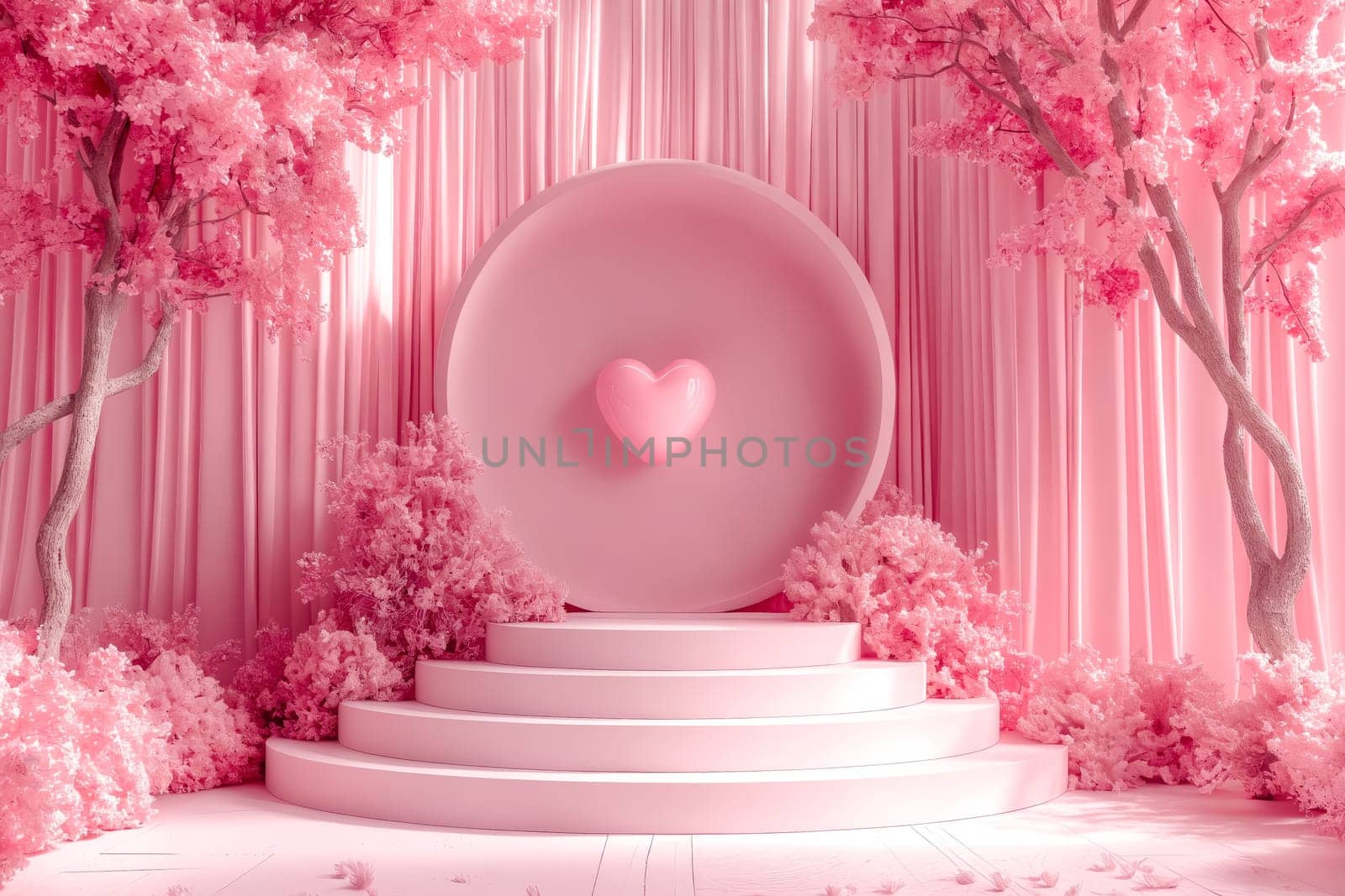 A pink and white room with a pink heart on a white plate. Generative AI