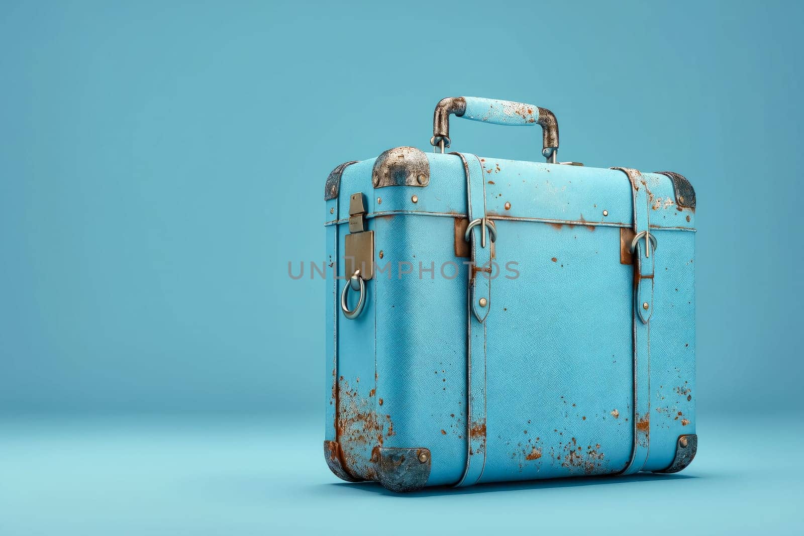 A blue suitcase with a lock on it. The suitcase is old and worn, but still functional. Generative AI