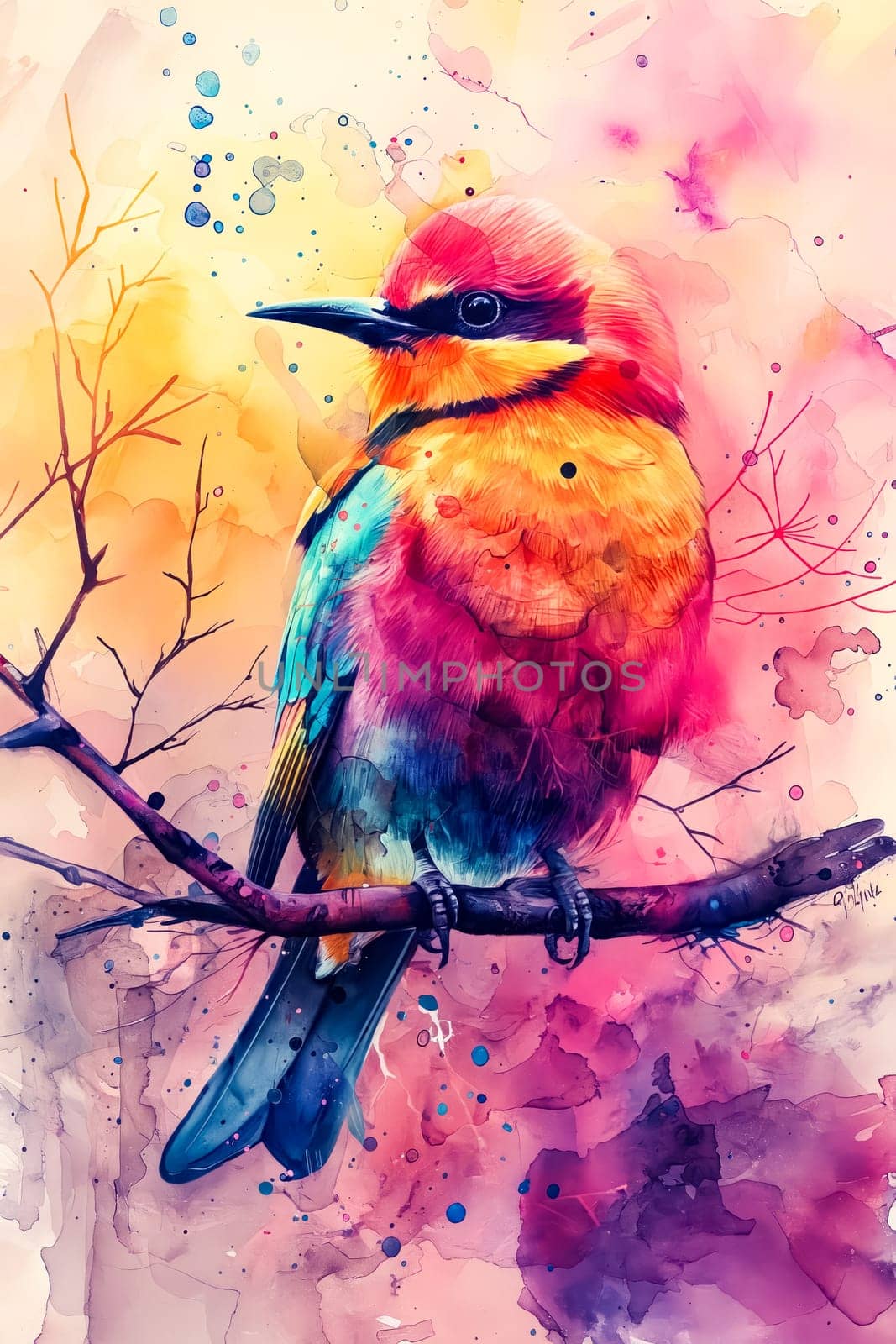 A colorful bird is perched on a branch. The bird is surrounded by a splash of colors, which gives the image a vibrant and lively feel. The bird's bright colors. Generative AI