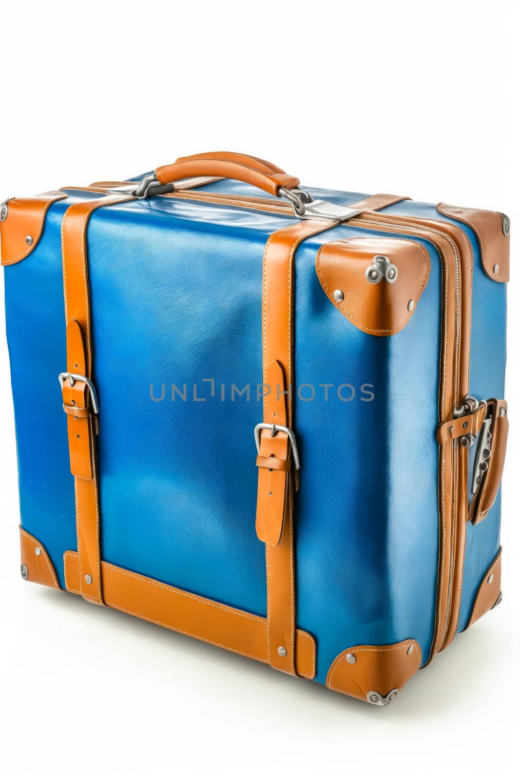 A blue suitcase with brown handles sits on a white background. The suitcase is made of leather and has a gold trim. The brown handles add a touch of elegance. Generative AI