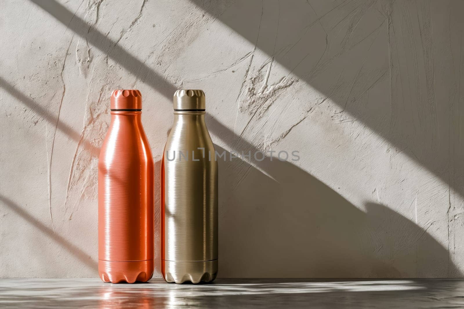 Two metallic water bottles, one red and one gold, are sitting on a white wall. Generative AI