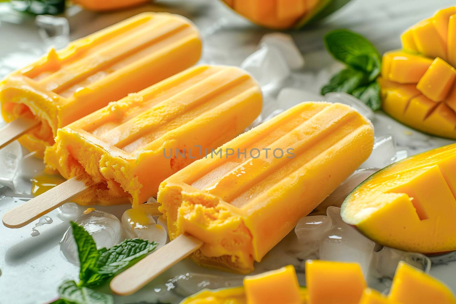 Several yellow mango popsicles on wooden sticks lie on a white marble background. A summer cold treat.