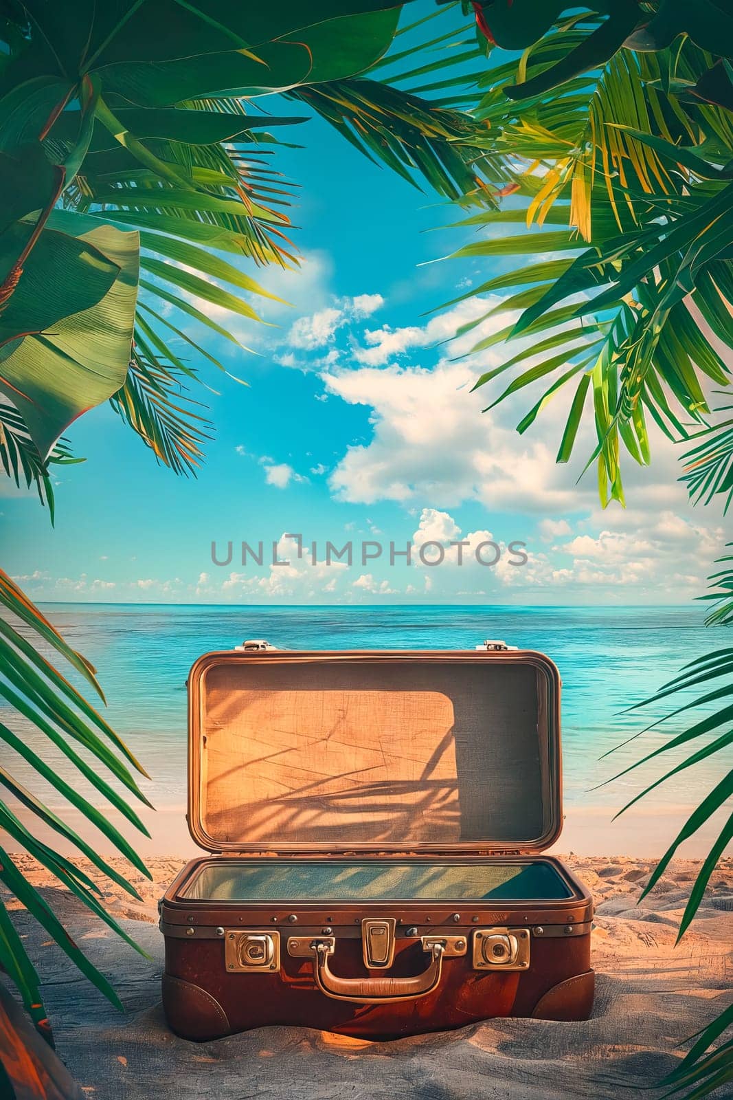 A suitcase is sitting on the beach, with the ocean in the background. The scene is peaceful and relaxing, with the suitcase as the main focus. Generative AI