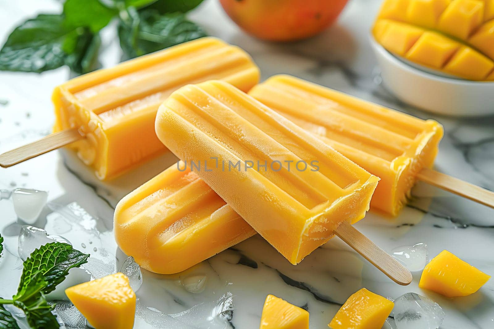Several yellow mango popsicles on wooden sticks lie on a white marble background. A summer cold treat.