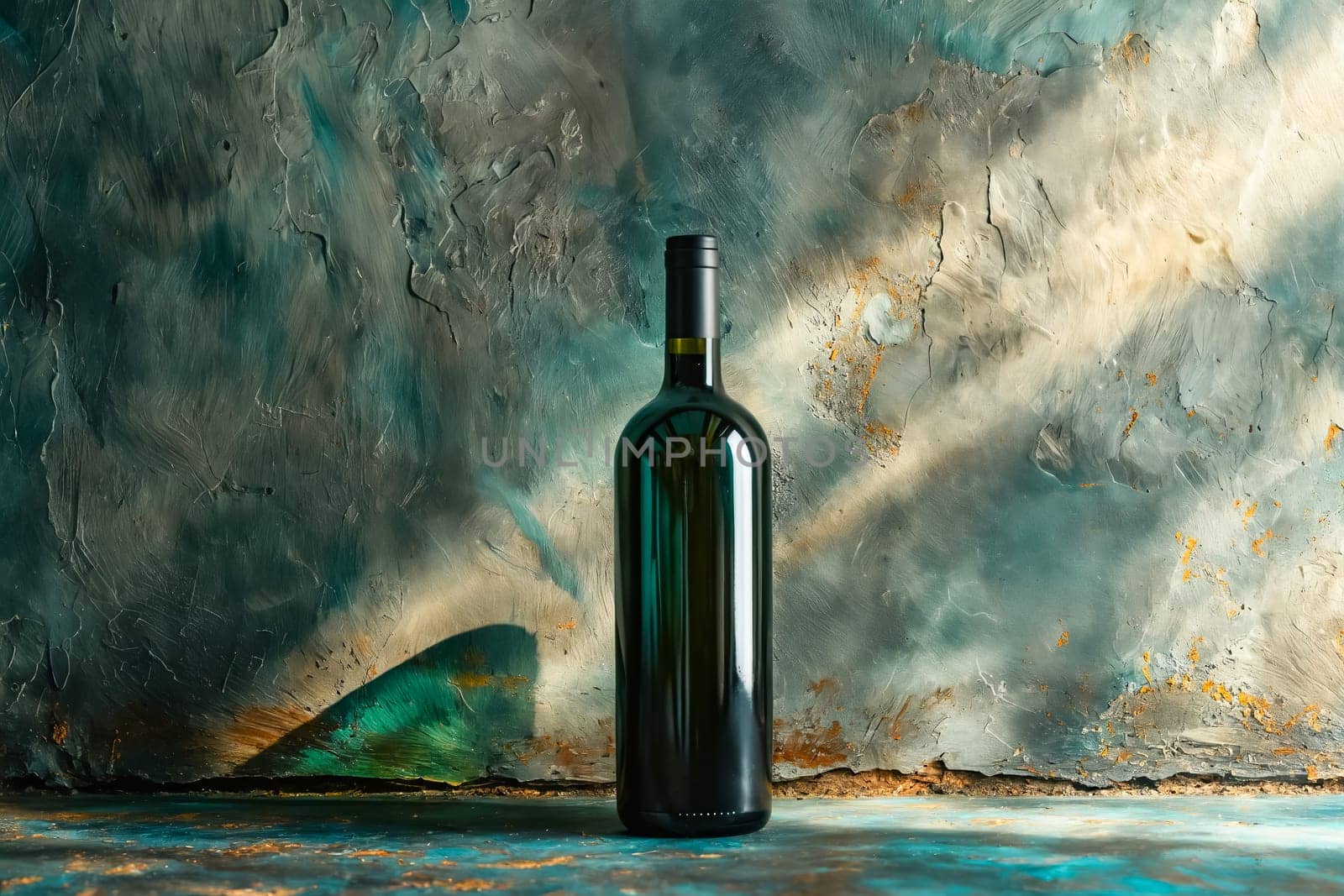 A bottle of wine is sitting on a table in front of a wall. The bottle is green and has a black cap. Scene is calm and relaxed, as the bottle of wine is a symbol of leisure and enjoyment. Generative AI