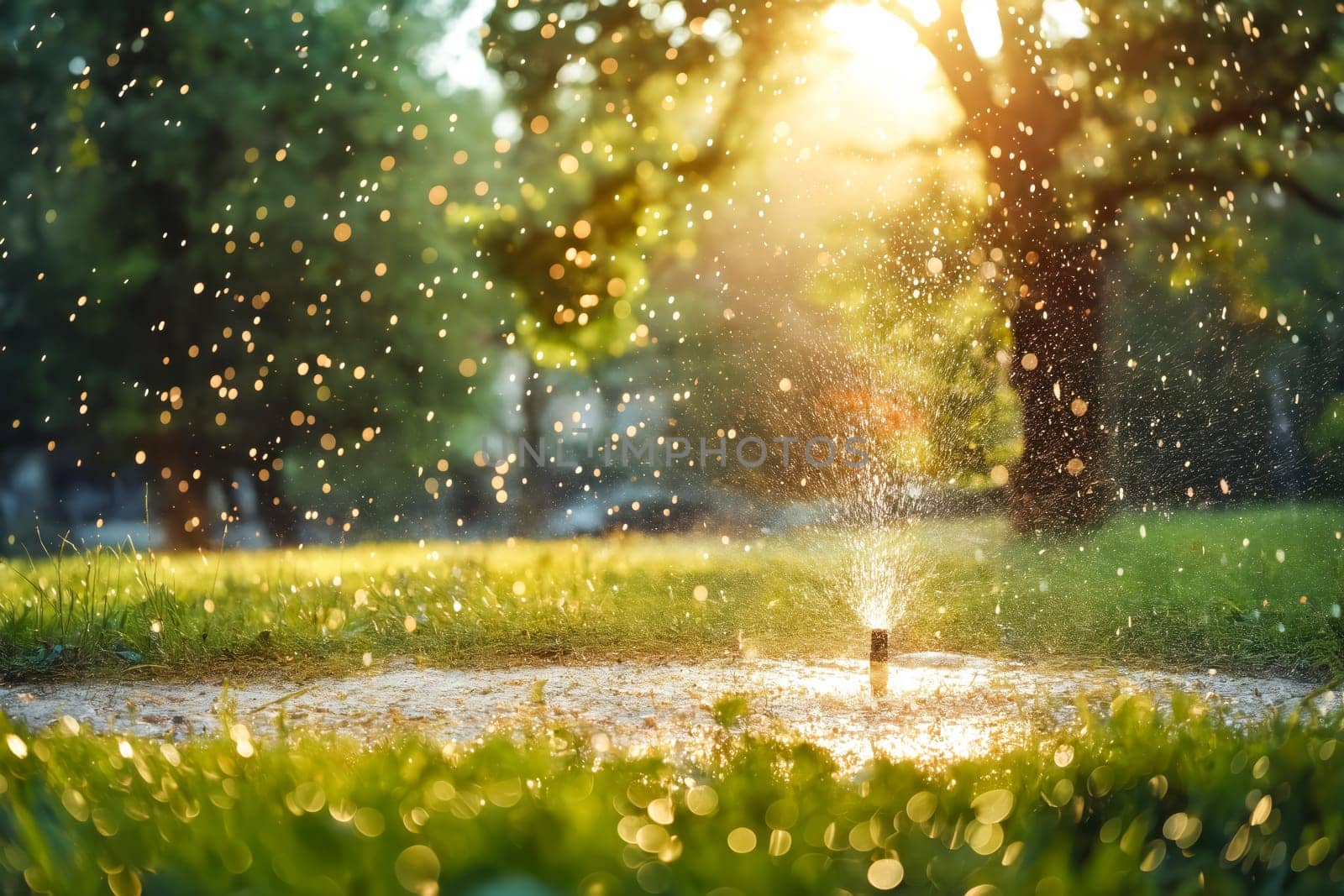 A sprinkler is spraying water on a grassy field. The sun is shining brightly, creating a warm and inviting atmosphere. The water droplets sparkle in the sunlight, adding a touch of magic to the scene. Generative AI