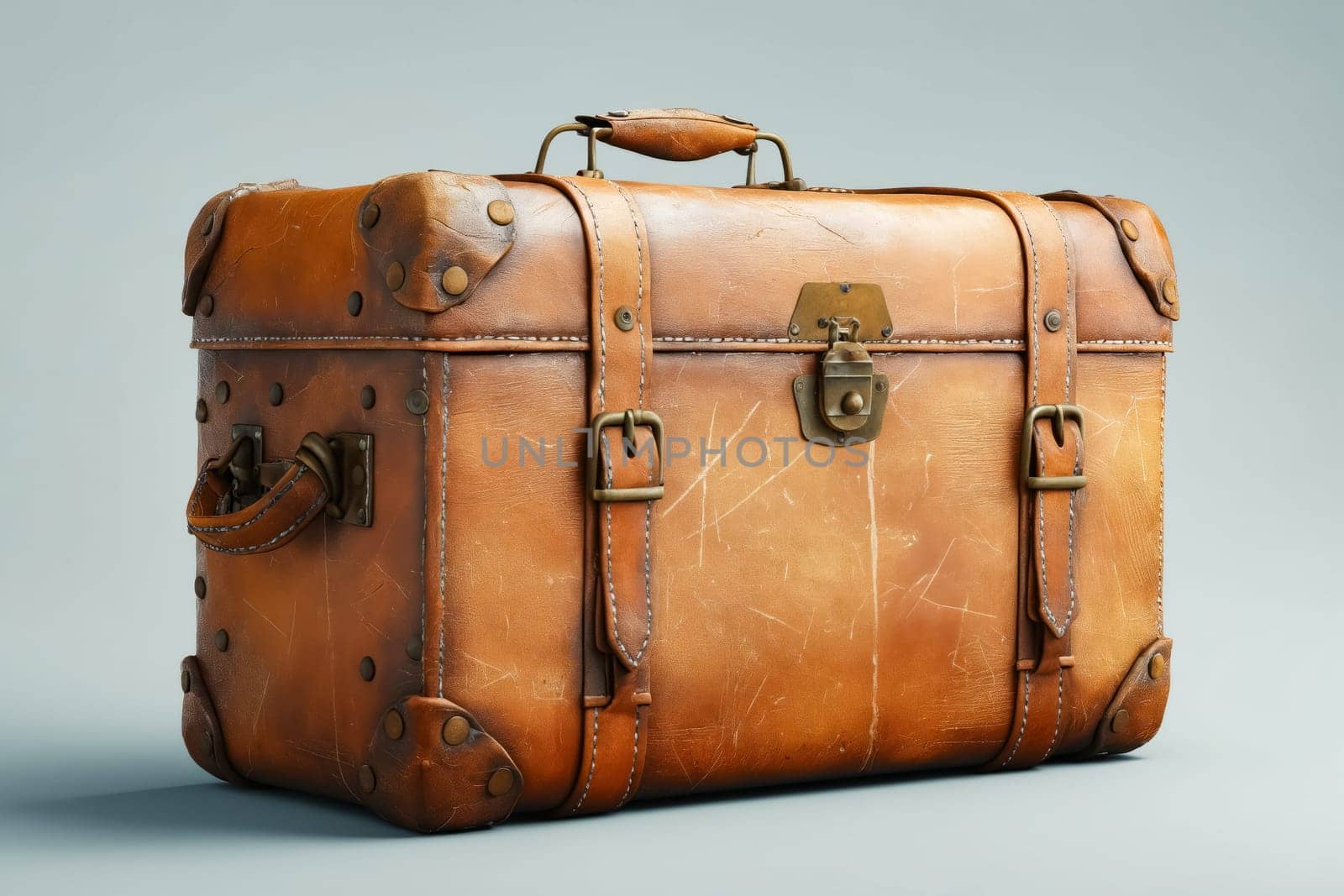 A brown leather suitcase with a gold buckle. The suitcase is old and worn, with a vintage look. Generative AI