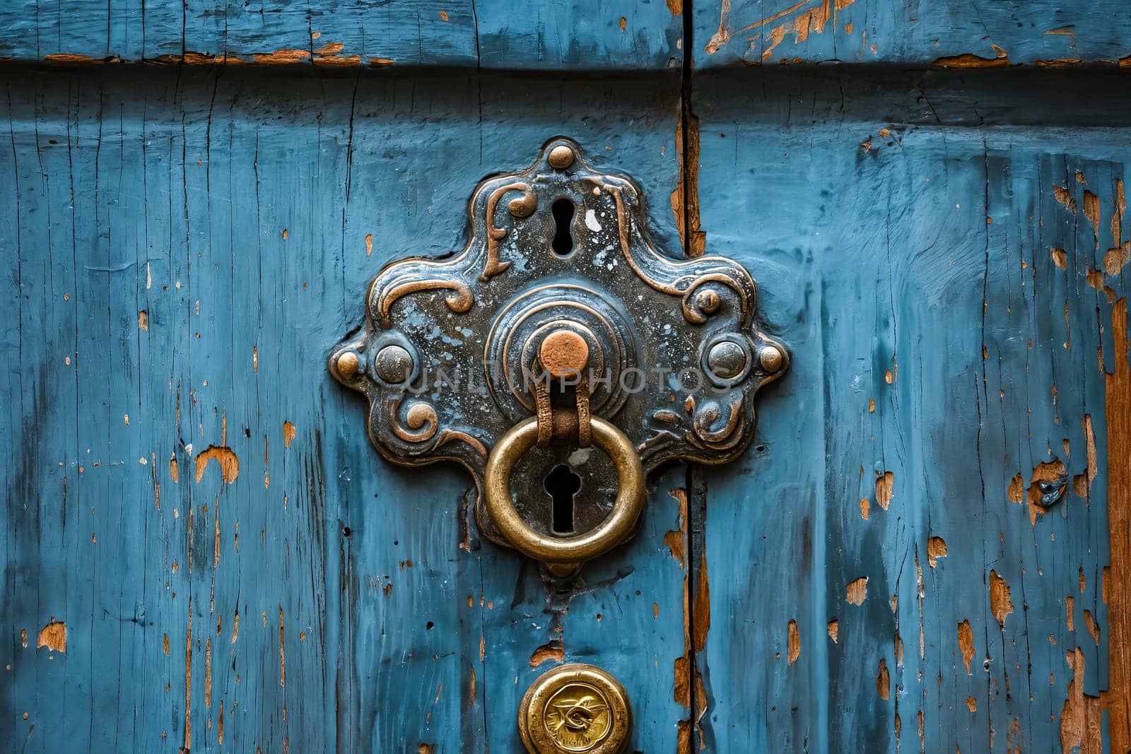 A blue door with a brass handle and a keyhole. The door is old and has a rustic appearance. Generative AI