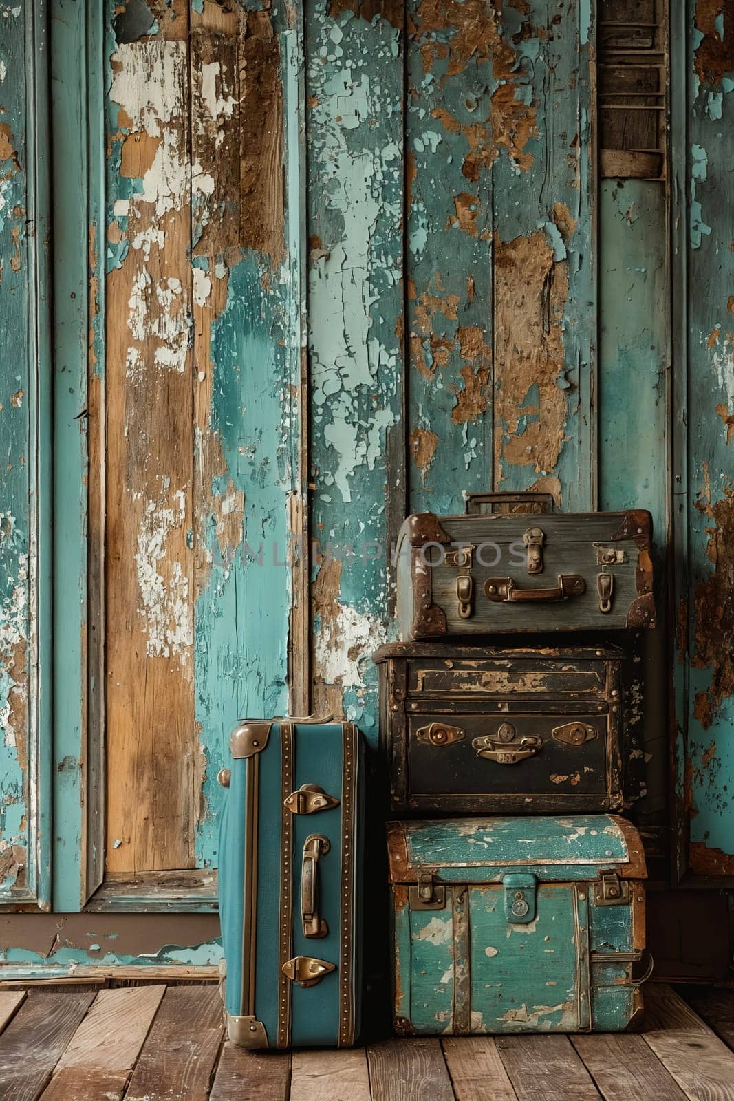 A stack of old suitcases are piled on top of each other in front of a blue wall. The suitcases are old and worn, giving the scene a vintage and nostalgic feel. Generative AI