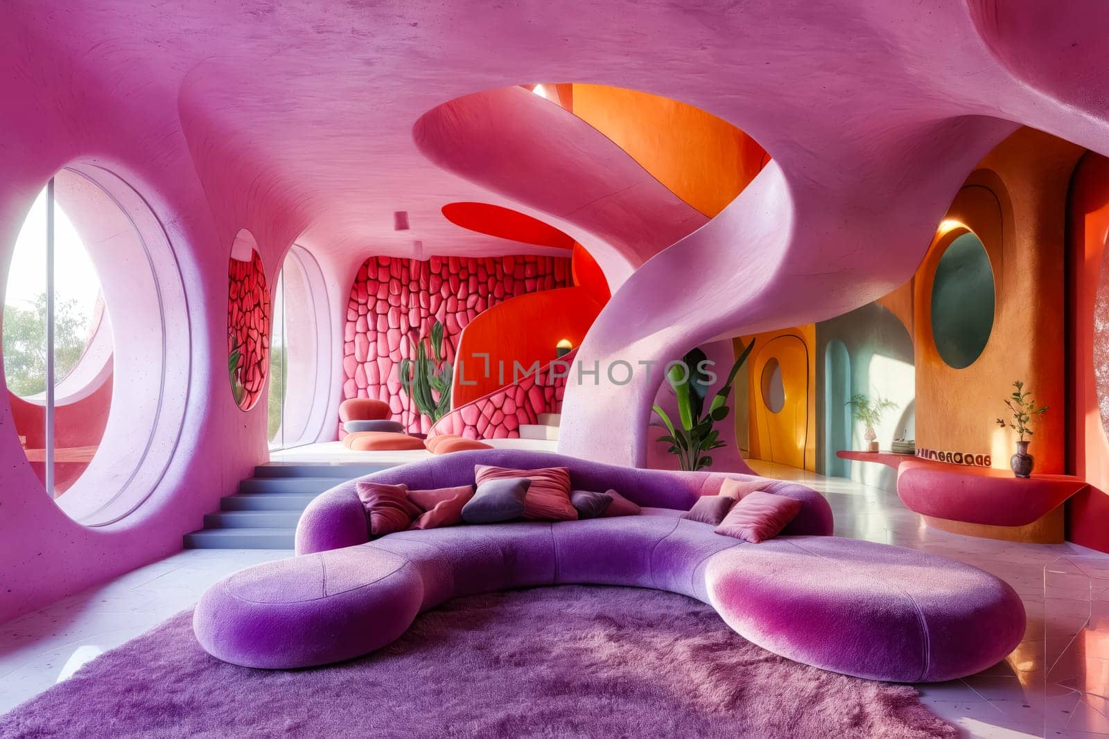 A pink and orange room with a pink couch and a pink rug. The room has a pink and orange color scheme and has a modern and playful vibe. Generative AI