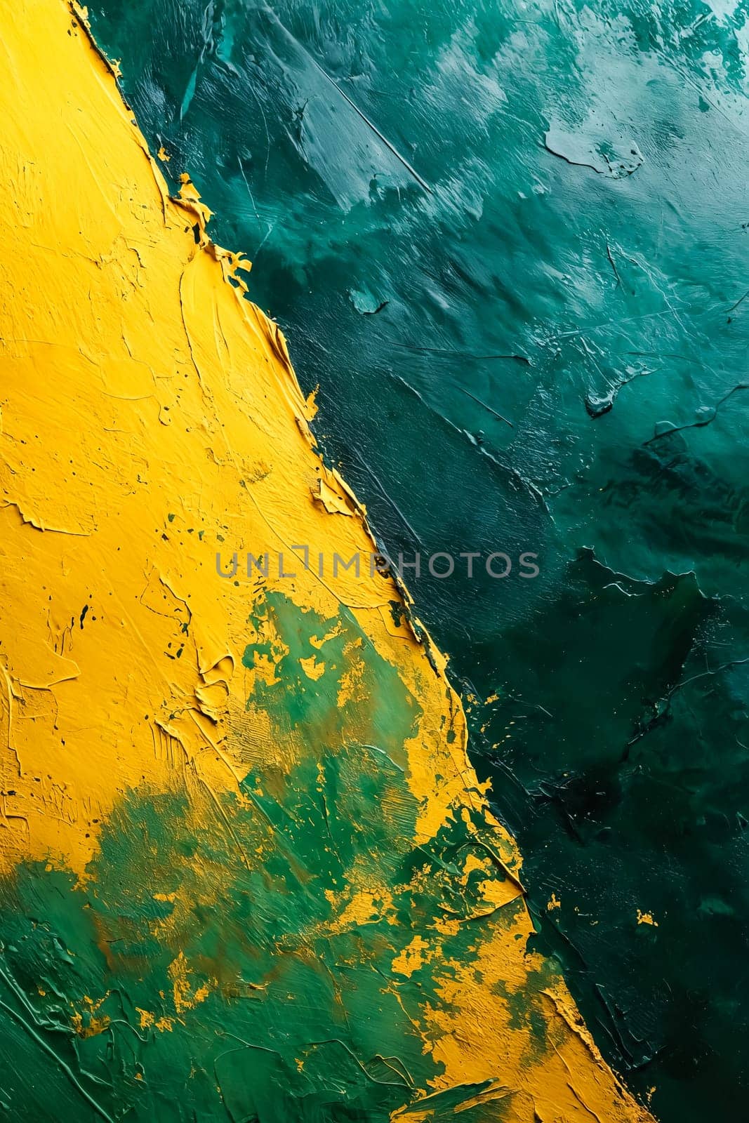 A painting of a yellow and green line with a blue background. The painting has a bold and vibrant feel to it, with the yellow and green colors contrasting against the blue background. Generative AI