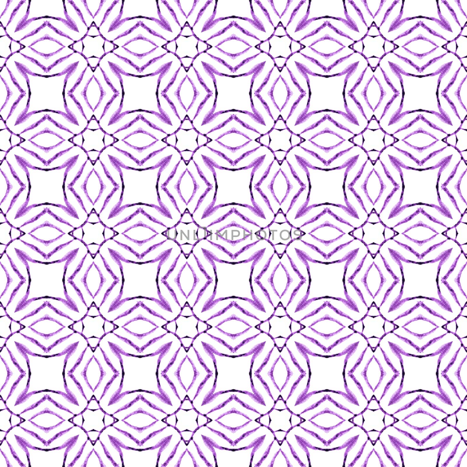 Watercolor ikat repeating tile border. Purple outstanding boho chic summer design. Textile ready juicy print, swimwear fabric, wallpaper, wrapping. Ikat repeating swimwear design.