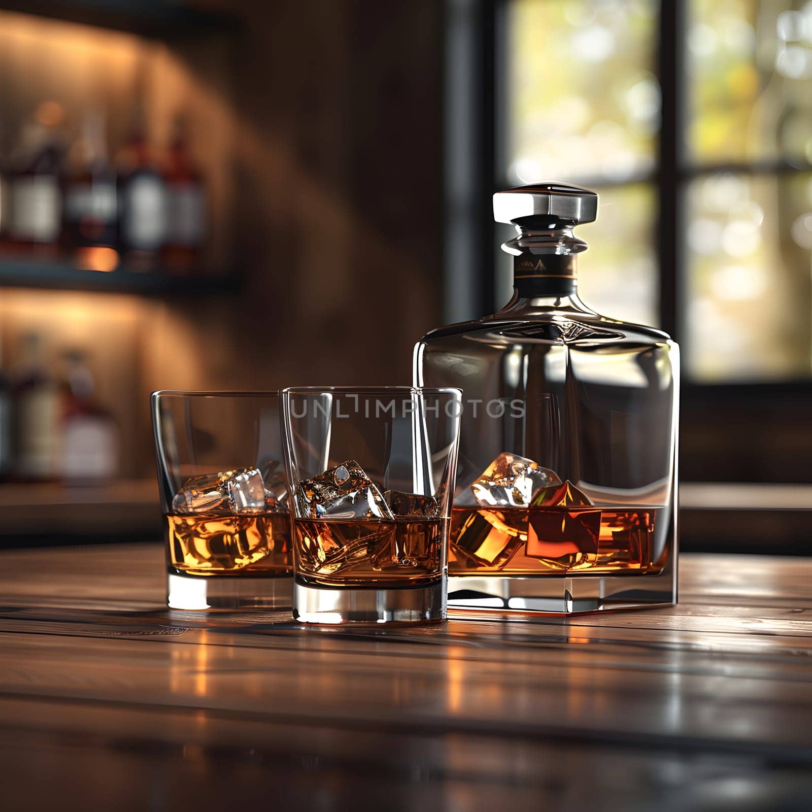 A wooden table adorned with a decanter filled with amber liquid, alongside two glass bottles of whiskey, creating an elegant display of alcoholic beverages