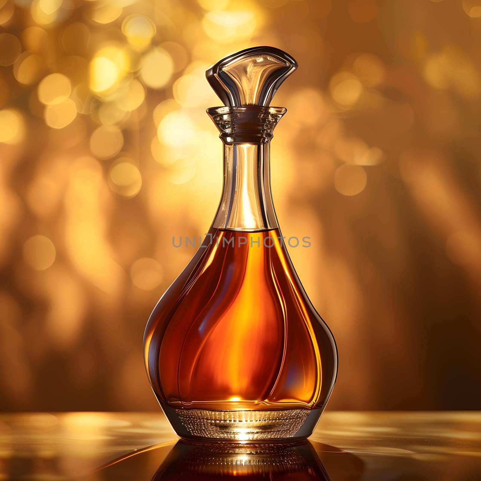 An amber glass bottle of cognac rests on a wooden table, filled with brown liquid. This exquisite drinkware is a musthave for any barware collection