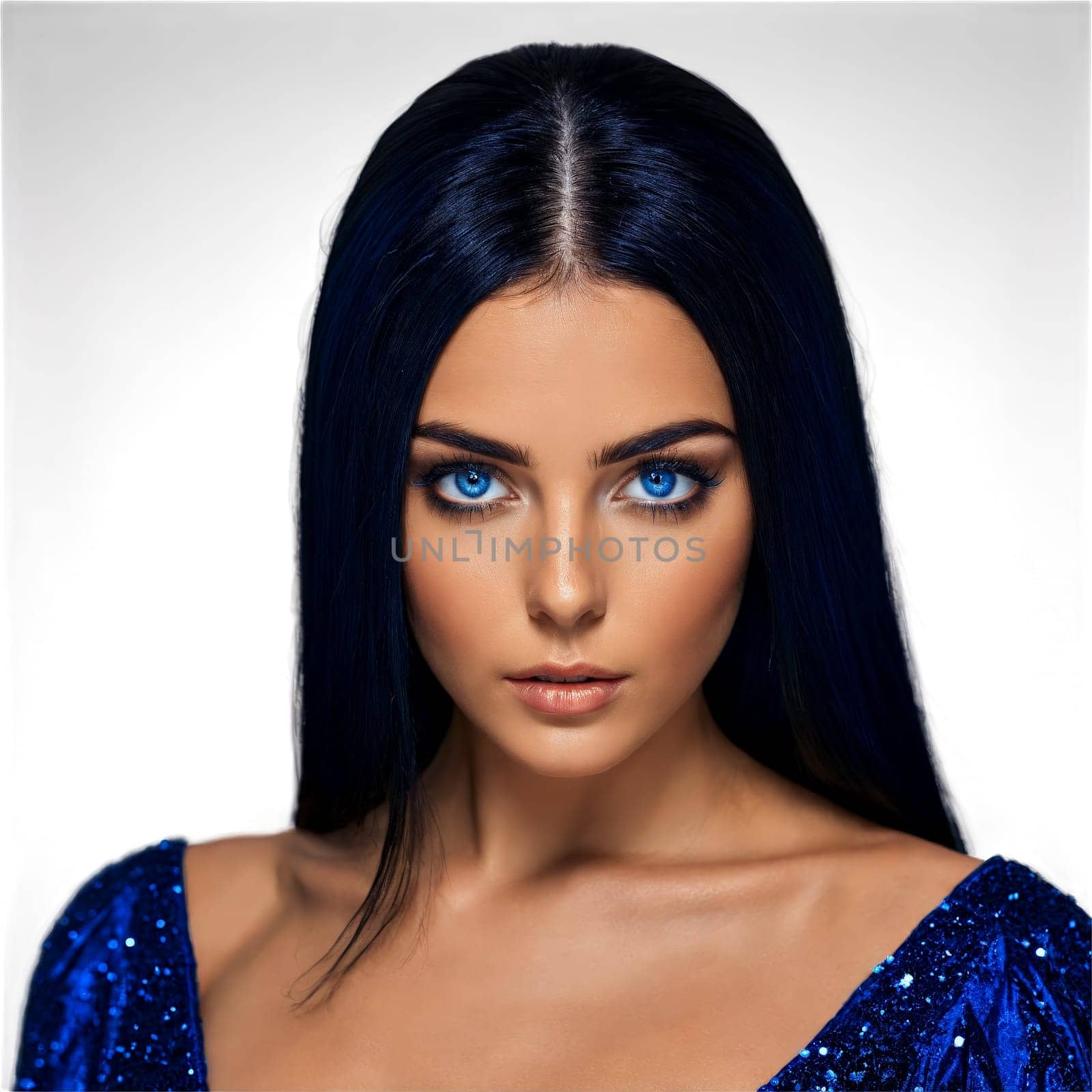 Midnight Blue A mysterious woman with long straight black hair and piercing blue eyes wearing by panophotograph