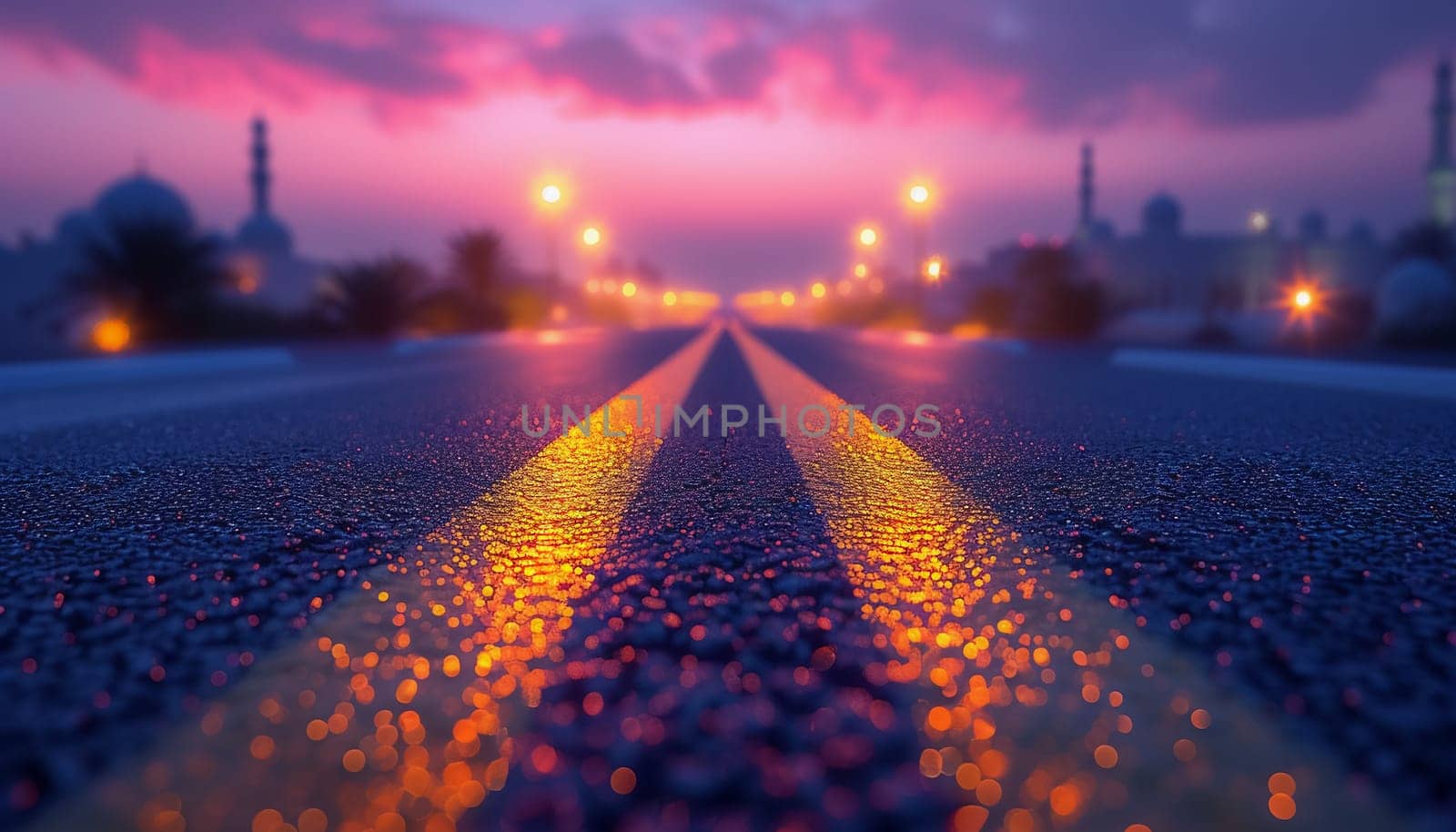 The perspective of the road against the background of sunset and the cityscape. High quality photo