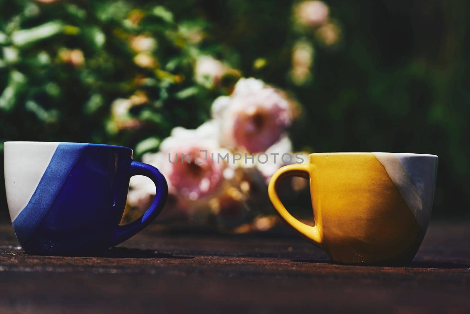 Tea time. Coffee break. Blue red yellow cups on wooden in blooming garden by jovani68